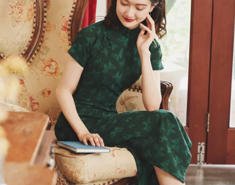 提花旗袍 玉蝶 中长款复古加厚 裙长130...