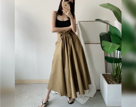 2020早春比例神裙 工装风卡其色腰部抽褶...