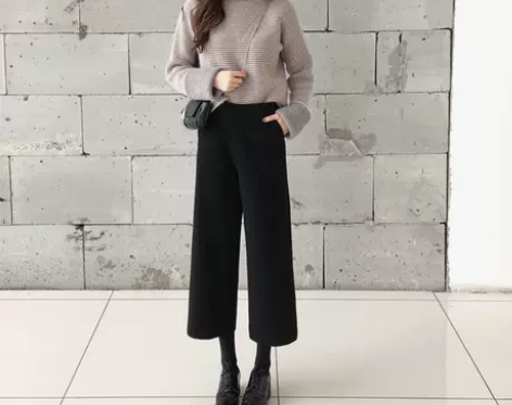 新款毛呢阔腿裤女秋冬韩版休闲裤高腰九分裤宽...
