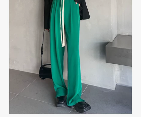 绿色高腰阔腿裤抽绳女春夏宽松百搭温柔风垂感...
