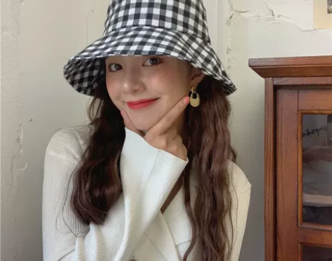 日本文艺黑白格子渔夫帽子女夏天复古盆帽大檐...