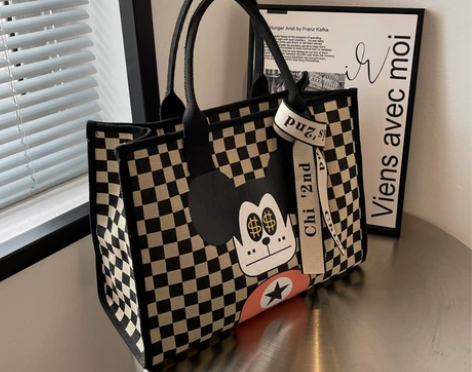 帆布包女大容量包包女2022新款复古棋盘格...