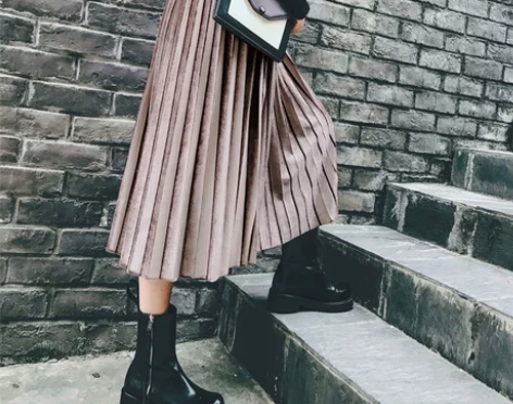 金丝绒百褶裙半身裙子中长款秋冬金属色金丝绒...