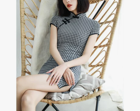 改良式旗袍裙子年轻款少女文艺格子学生小个子...