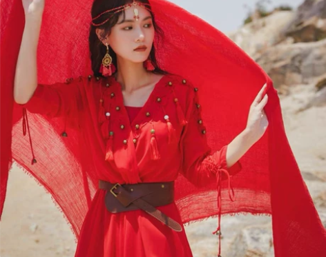 沙滩裙女民族风连衣裙草原沙漠长裙拍照旅游西...