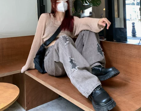 温姗美式复古破洞高腰直筒牛仔裤女秋季新品百...