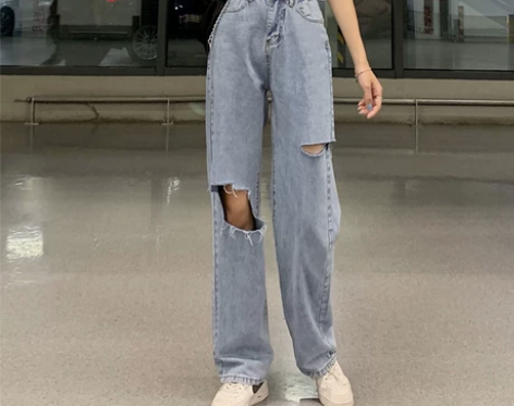 乞丐破洞牛仔裤女直筒宽松2021新款设计感...