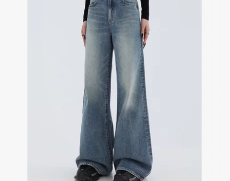 复古水洗做旧高腰阔腿牛仔裤女欧美高街vib...