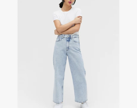 MONKI春季复古灰蓝色欧美风直筒七分阔脚...