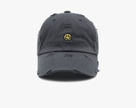 韩国新款春季百搭笑脸刺绣做旧韩版软顶弯檐鸭...