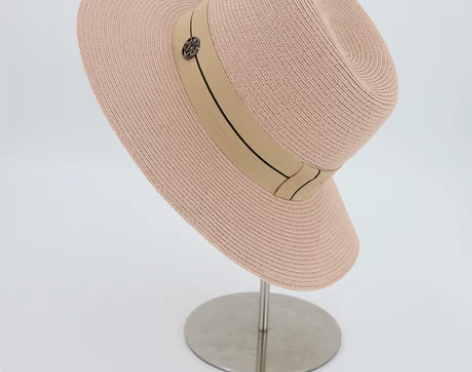 大牌M家M标凹凸帽顶粉色宽檐草帽子礼帽遮阳...