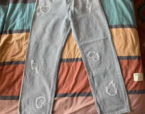 闪电贴布加长牛仔裤男大码潮牌宽松直筒裤子春...