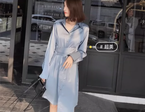 蓝色绸缎衬衫连衣裙中长款温柔风 130斤以...