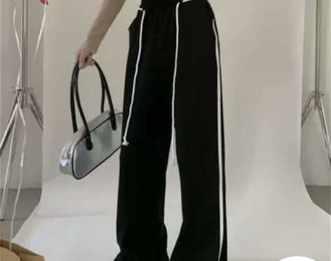 黑色抽绳直筒休闲裤女秋季美式高腰宽松百搭垂...