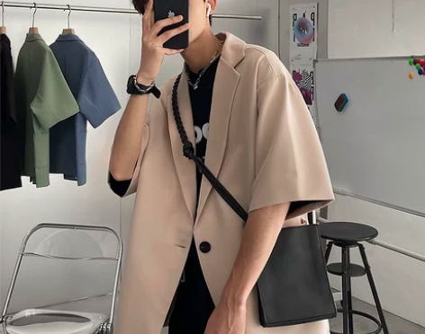 夏季短袖小西服男港风休闲宽松潮流外套潮牌大...