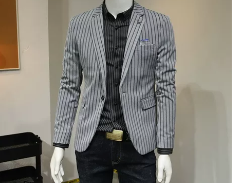 秋季韩版男士竖条纹西服男修身潮流休闲小西装...
