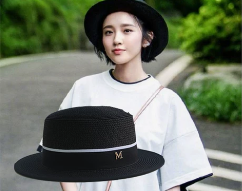 英伦黑色草帽女M标短檐小礼帽男遮阳帽平顶帽...