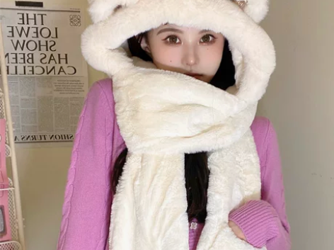 韩版小熊m字亮片大耳朵毛绒帽子围巾手套一体...