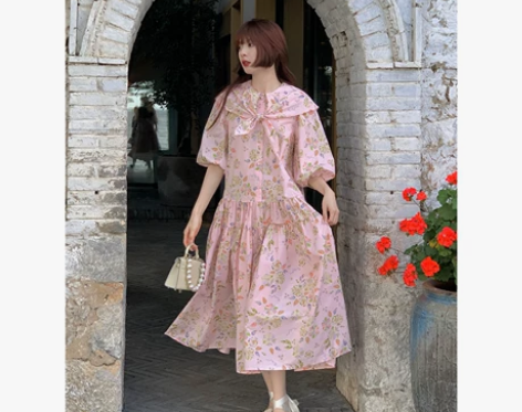 【狂欢价】乌龙羊法式粉色碎花连衣裙女夏宽松...