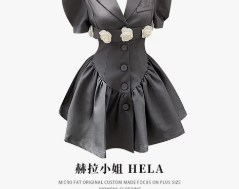 胖mm法式设计感山茶花连衣裙夏季大码泡泡袖...