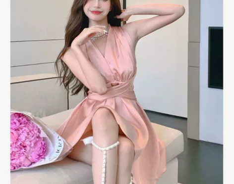 气质女神范甜美少女蔷薇粉裙子港风复古温柔性...