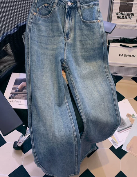 小个子高个子高腰直筒牛仔裤女秋冬宽松阔腿裤