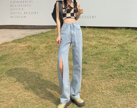 VMZM浅色破洞阔腿牛仔裤女2022年新款...