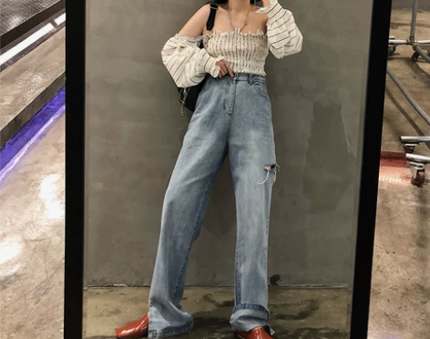 【1CP】秋季新款定制高腰复古浅色洗水破洞...