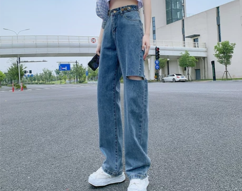 高腰破洞牛仔裤女夏季宽松直筒春装新款复古显...