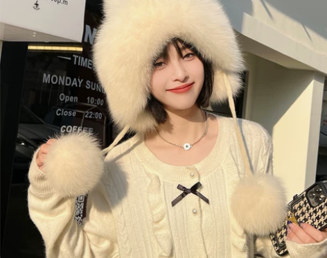 冬季狐狸毛仿皮草护耳雷锋帽韩版保暖针织加绒...