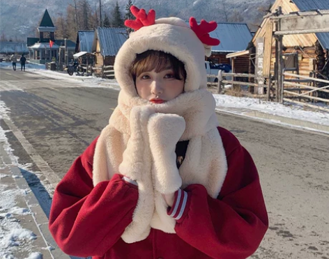 圣诞礼物冬天羊羔毛可爱小鹿围巾帽子手套一体...