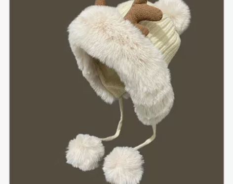 圣诞麋鹿角网红可爱毛球系带雷锋帽女日系冬季...