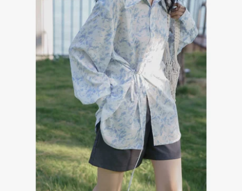 港风蓝花斑翻领设计感小众绑带长袖防晒衬衫女...