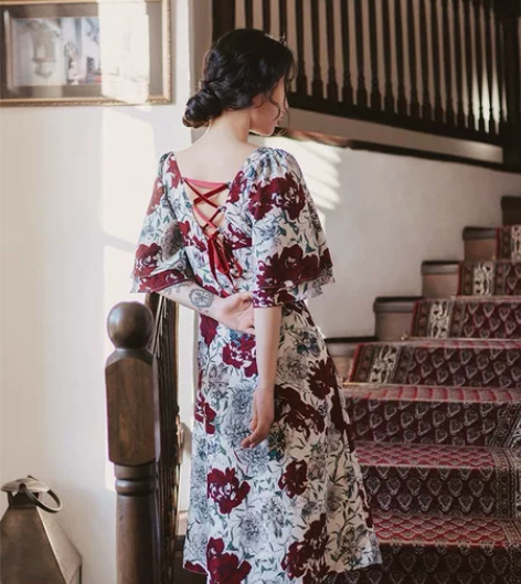 麓津自制《酒红桃乐丝》复古新款夏女碎花绑带...