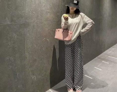 Wuuus 棋盘格高腰休闲裤女秋季新款休闲...