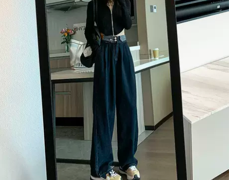 深色阔腿牛仔裤女直筒宽松2022春秋新款高...