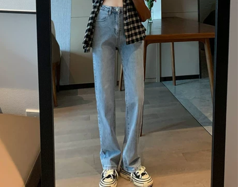 【全新】伊凡奴高腰直筒牛仔裤女宽松显瘦秋冬...