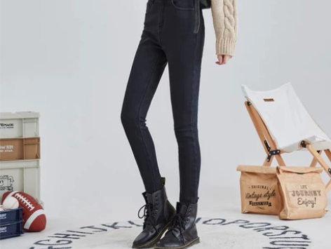 唐狮黑色纯色高腰裤脚毛边弹力修身显瘦牛仔裤...