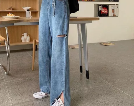 S码薄款开叉阔腿牛仔裤女高腰夏装宽松直筒轻...