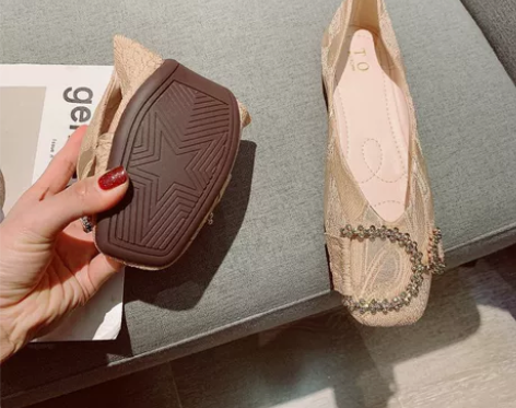 女单鞋软底鞋韩版水钻金属扣平底鞋百搭布面方...