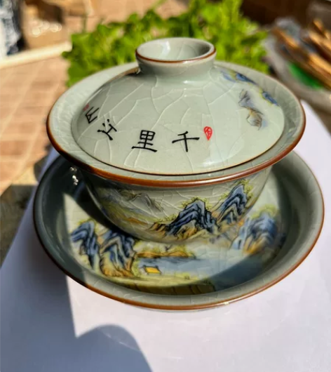 景德镇 青花老陶泥釉下 千里江山三才盖碗 ...