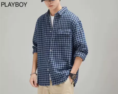 花花公子长袖千鸟格衬衫男潮牌秋季港风复古外...