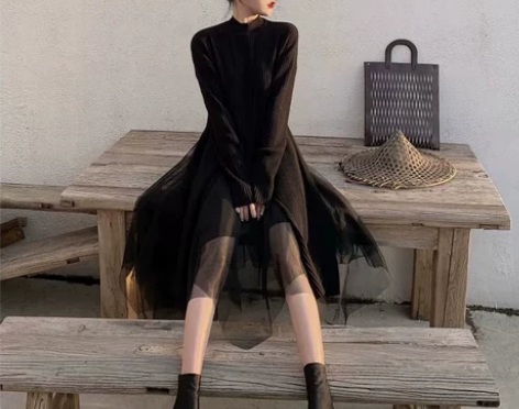 小黑裙子超仙女森系小心机法式针织连衣裙设计...