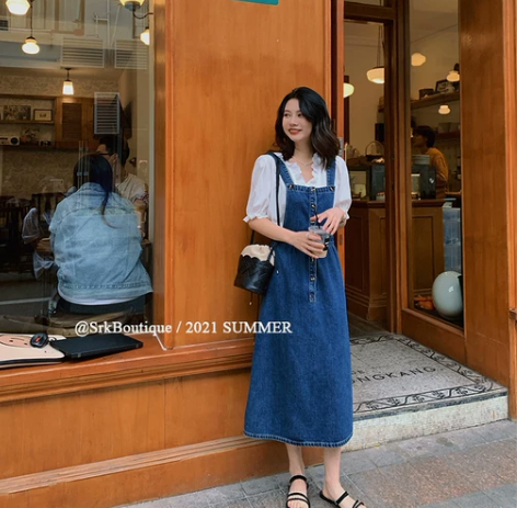 SRK小个子复古中长款2021年夏季蓝色牛...