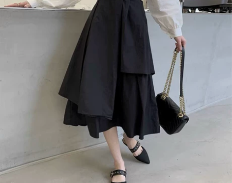 黑色半身裙女夏高腰显瘦a字蛋糕裙不规则中长...