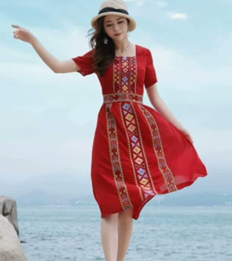 红色连衣裙沙滩裙小个子丽江民族风女装云南三...