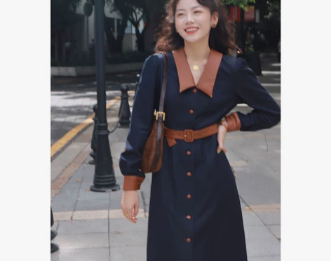 许大晴 复古港风仿牛仔连衣裙女秋季撞色高腰...