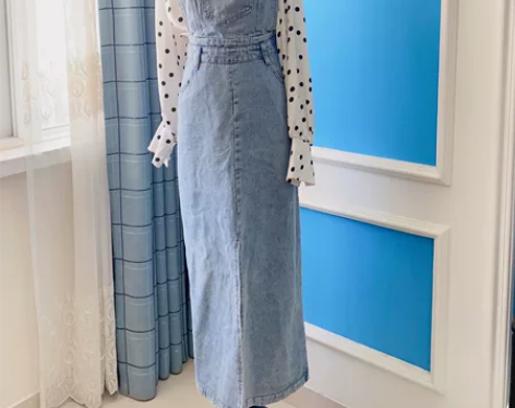 牛仔背带裙 复古牛仔背带裙 裙子很港风很长...