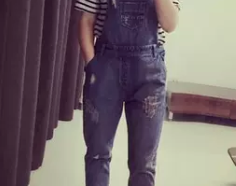 欧美时尚破洞背带牛仔裤 修身显瘦磨破牛仔背...