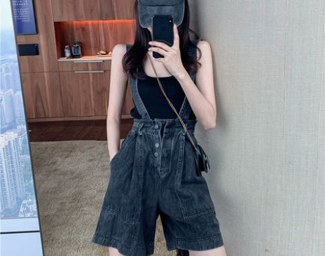 【年货价】单排扣黑色背带裤夏季宽松直筒阔腿...